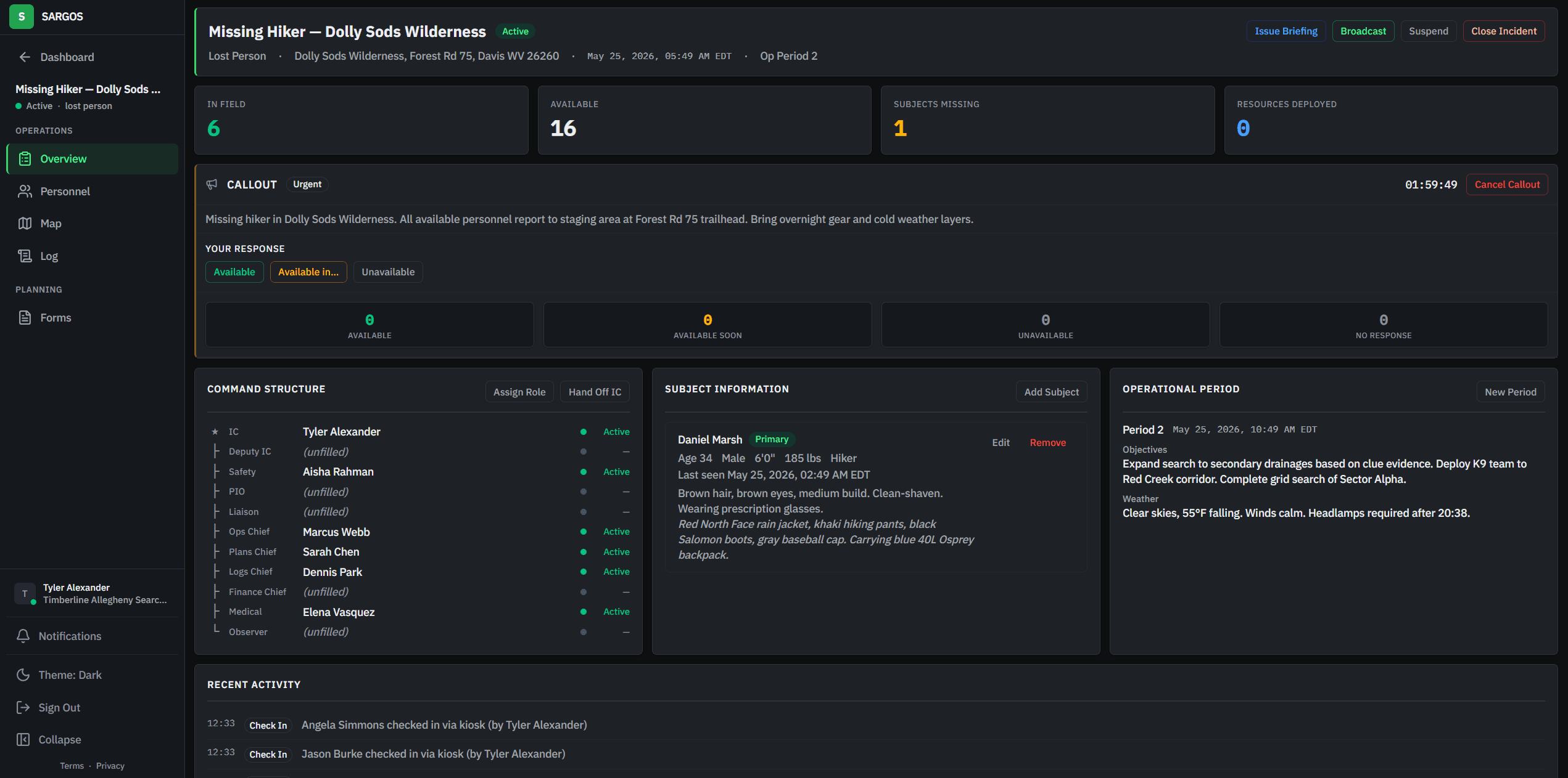 Product screenshot — Callout response board